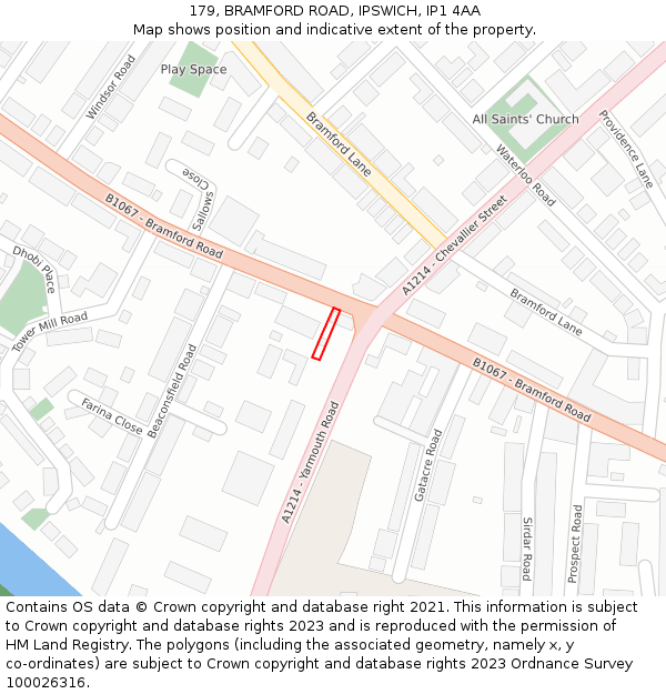 179, BRAMFORD ROAD, IPSWICH, IP1 4AA: Location map and indicative extent of plot