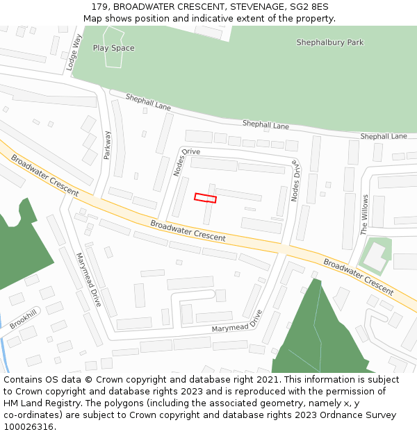 179, BROADWATER CRESCENT, STEVENAGE, SG2 8ES: Location map and indicative extent of plot