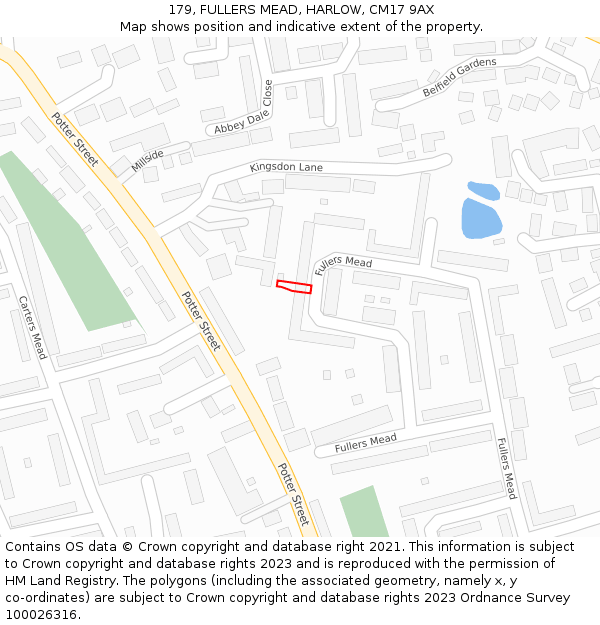 179, FULLERS MEAD, HARLOW, CM17 9AX: Location map and indicative extent of plot