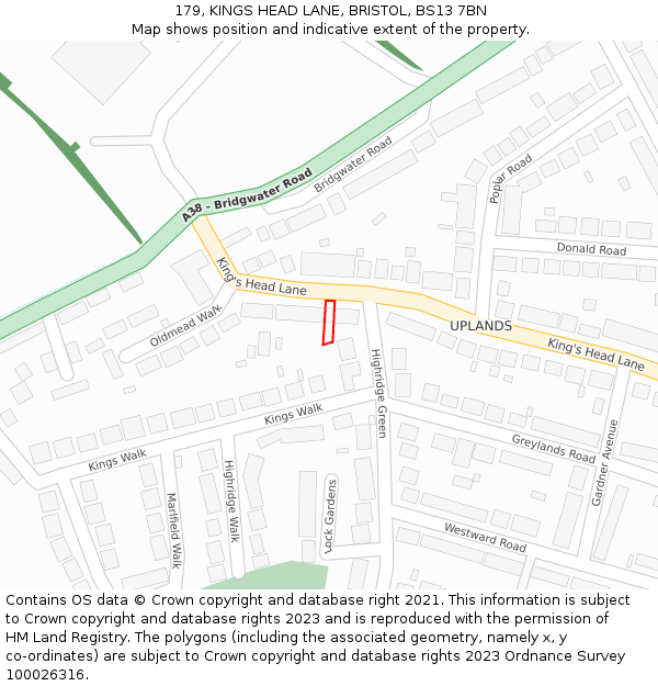 179, KINGS HEAD LANE, BRISTOL, BS13 7BN: Location map and indicative extent of plot