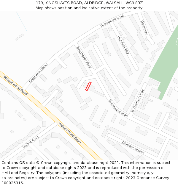 179, KINGSHAYES ROAD, ALDRIDGE, WALSALL, WS9 8RZ: Location map and indicative extent of plot
