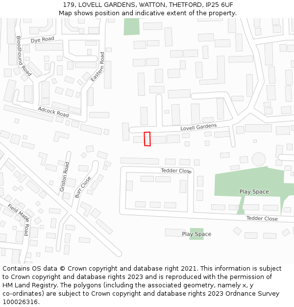 179, LOVELL GARDENS, WATTON, THETFORD, IP25 6UF: Location map and indicative extent of plot