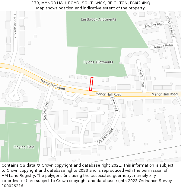 179, MANOR HALL ROAD, SOUTHWICK, BRIGHTON, BN42 4NQ: Location map and indicative extent of plot