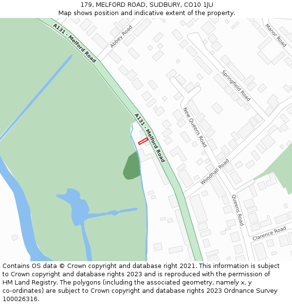 179, MELFORD ROAD, SUDBURY, CO10 1JU: Location map and indicative extent of plot