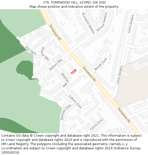 179, TOMSWOOD HILL, ILFORD, IG6 2GD: Location map and indicative extent of plot