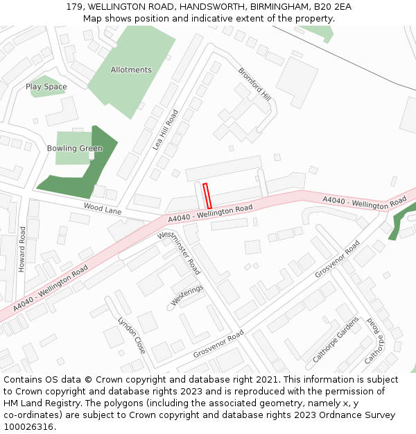 179, WELLINGTON ROAD, HANDSWORTH, BIRMINGHAM, B20 2EA: Location map and indicative extent of plot