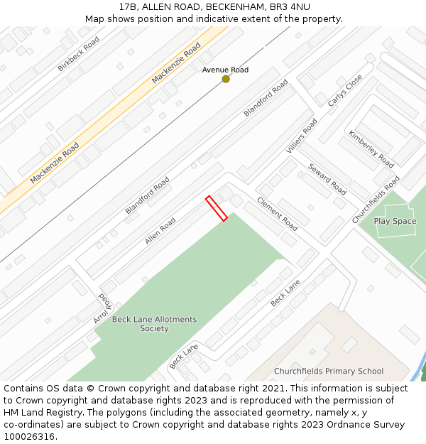 17B, ALLEN ROAD, BECKENHAM, BR3 4NU: Location map and indicative extent of plot