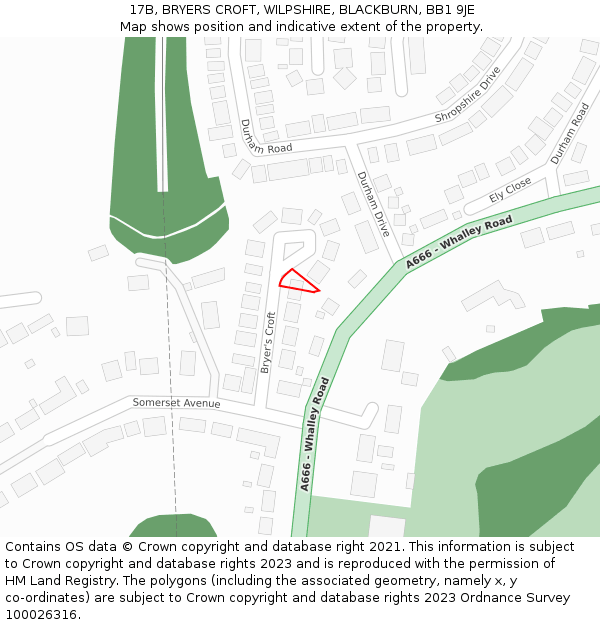 17B, BRYERS CROFT, WILPSHIRE, BLACKBURN, BB1 9JE: Location map and indicative extent of plot