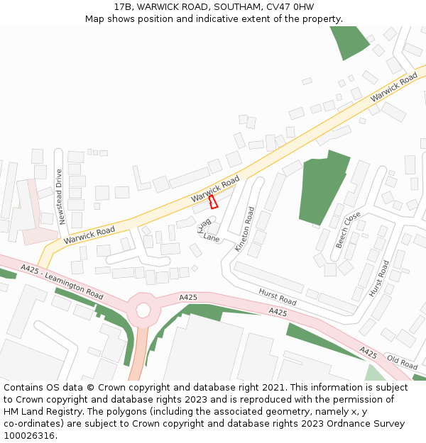 17B, WARWICK ROAD, SOUTHAM, CV47 0HW: Location map and indicative extent of plot