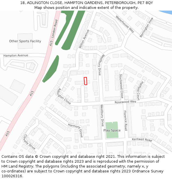 18, ADLINGTON CLOSE, HAMPTON GARDENS, PETERBOROUGH, PE7 8QY: Location map and indicative extent of plot