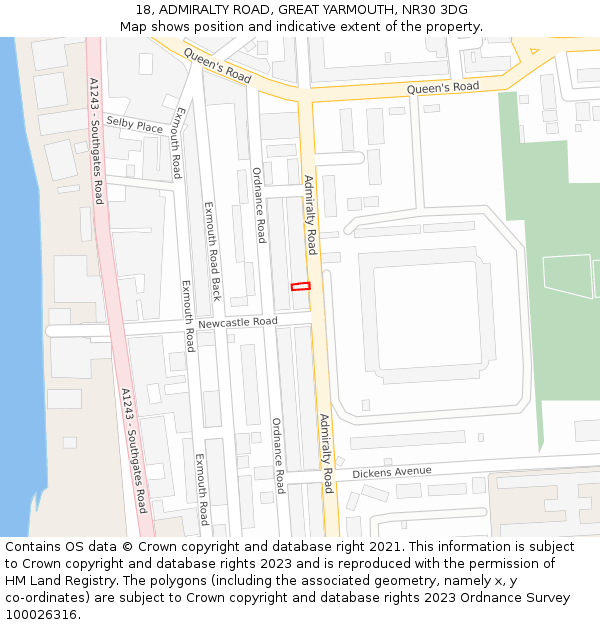 18, ADMIRALTY ROAD, GREAT YARMOUTH, NR30 3DG: Location map and indicative extent of plot