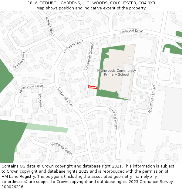 18, ALDEBURGH GARDENS, HIGHWOODS, COLCHESTER, CO4 9XR: Location map and indicative extent of plot