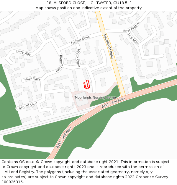 18, ALSFORD CLOSE, LIGHTWATER, GU18 5LF: Location map and indicative extent of plot