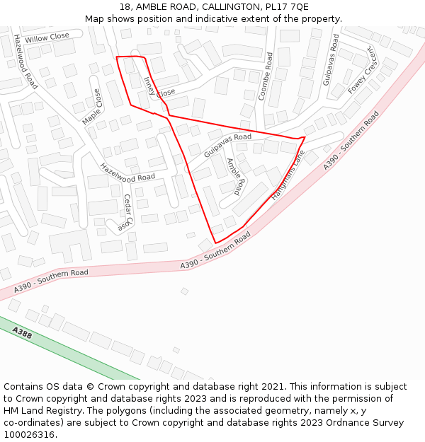18, AMBLE ROAD, CALLINGTON, PL17 7QE: Location map and indicative extent of plot