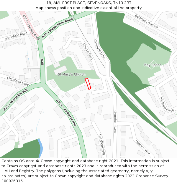 18, AMHERST PLACE, SEVENOAKS, TN13 3BT: Location map and indicative extent of plot