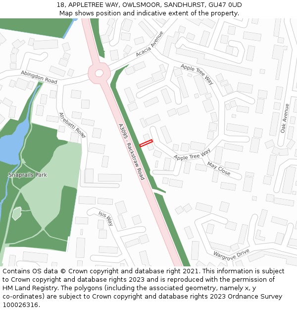 18, APPLETREE WAY, OWLSMOOR, SANDHURST, GU47 0UD: Location map and indicative extent of plot