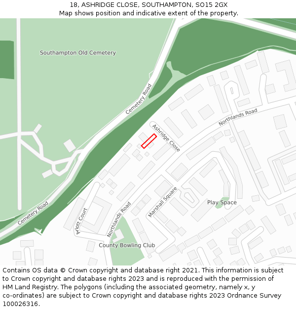 18, ASHRIDGE CLOSE, SOUTHAMPTON, SO15 2GX: Location map and indicative extent of plot