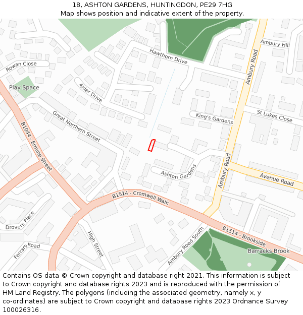 18, ASHTON GARDENS, HUNTINGDON, PE29 7HG: Location map and indicative extent of plot