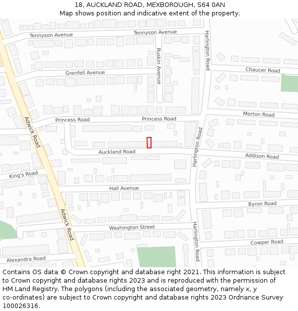 18, AUCKLAND ROAD, MEXBOROUGH, S64 0AN: Location map and indicative extent of plot