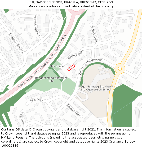 18, BADGERS BROOK, BRACKLA, BRIDGEND, CF31 2QS: Location map and indicative extent of plot