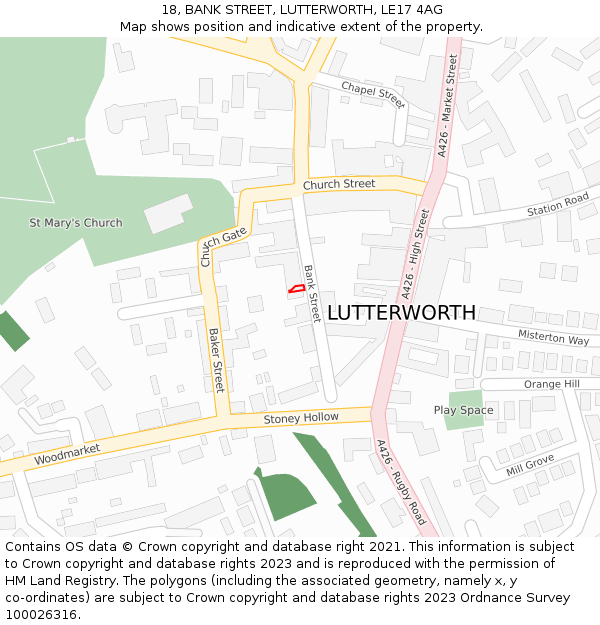 18, BANK STREET, LUTTERWORTH, LE17 4AG: Location map and indicative extent of plot