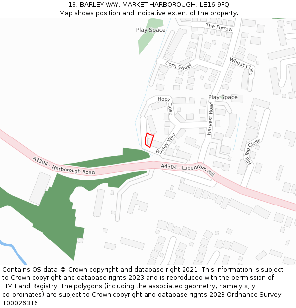 18, BARLEY WAY, MARKET HARBOROUGH, LE16 9FQ: Location map and indicative extent of plot