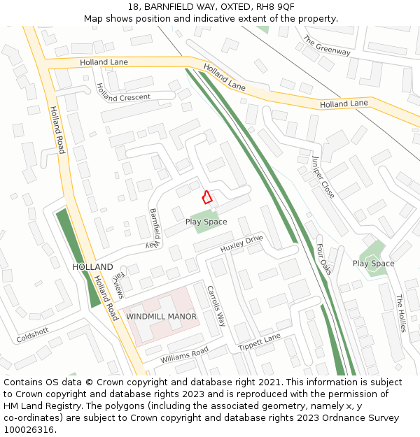 18, BARNFIELD WAY, OXTED, RH8 9QF: Location map and indicative extent of plot