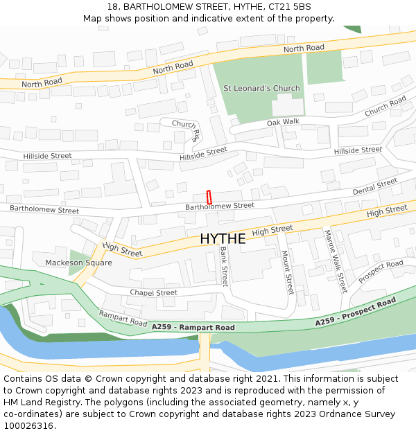 18, BARTHOLOMEW STREET, HYTHE, CT21 5BS: Location map and indicative extent of plot