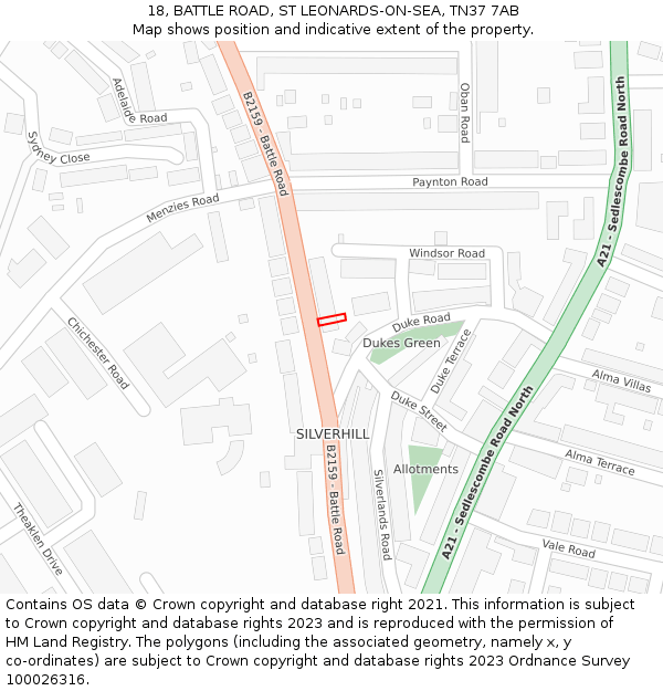 18, BATTLE ROAD, ST LEONARDS-ON-SEA, TN37 7AB: Location map and indicative extent of plot
