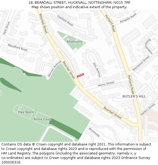 18, BEARDALL STREET, HUCKNALL, NOTTINGHAM, NG15 7RP: Location map and indicative extent of plot