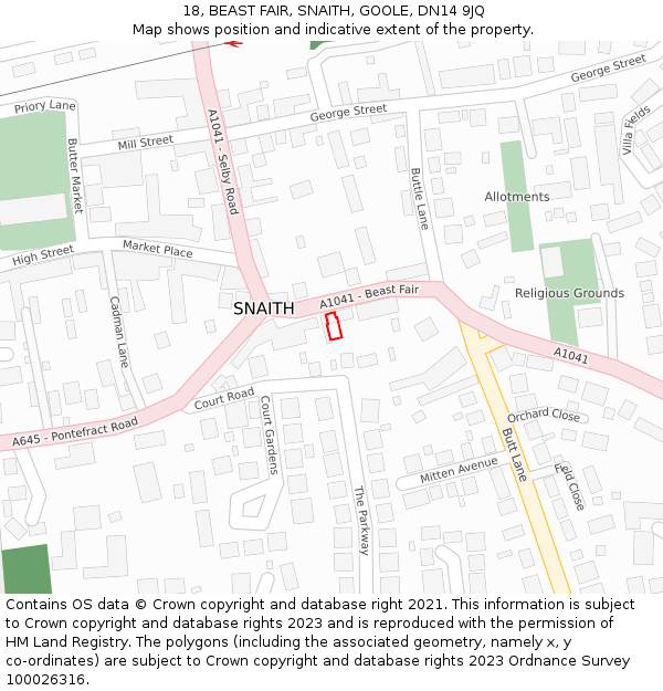 18, BEAST FAIR, SNAITH, GOOLE, DN14 9JQ: Location map and indicative extent of plot