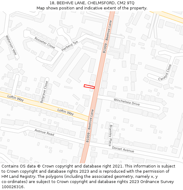 18, BEEHIVE LANE, CHELMSFORD, CM2 9TQ: Location map and indicative extent of plot