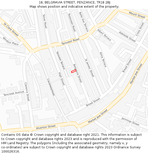18, BELGRAVIA STREET, PENZANCE, TR18 2BJ: Location map and indicative extent of plot