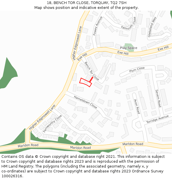 18, BENCH TOR CLOSE, TORQUAY, TQ2 7SH: Location map and indicative extent of plot