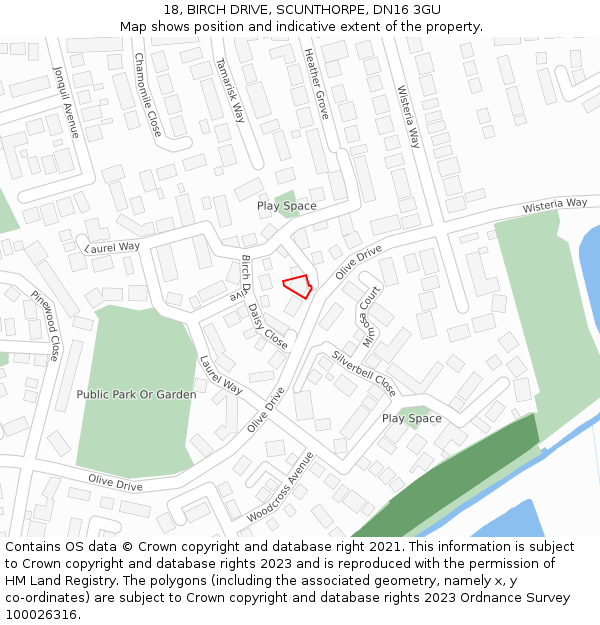 18, BIRCH DRIVE, SCUNTHORPE, DN16 3GU: Location map and indicative extent of plot