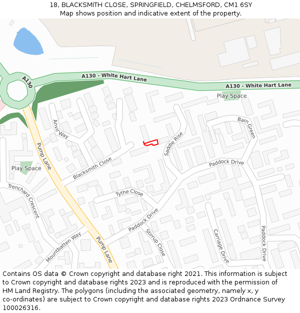 18, BLACKSMITH CLOSE, SPRINGFIELD, CHELMSFORD, CM1 6SY: Location map and indicative extent of plot