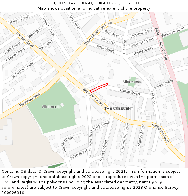 18, BONEGATE ROAD, BRIGHOUSE, HD6 1TQ: Location map and indicative extent of plot