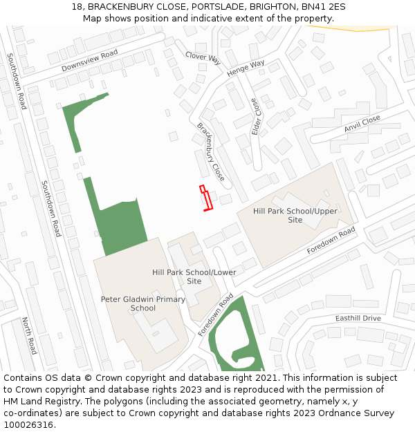 18, BRACKENBURY CLOSE, PORTSLADE, BRIGHTON, BN41 2ES: Location map and indicative extent of plot