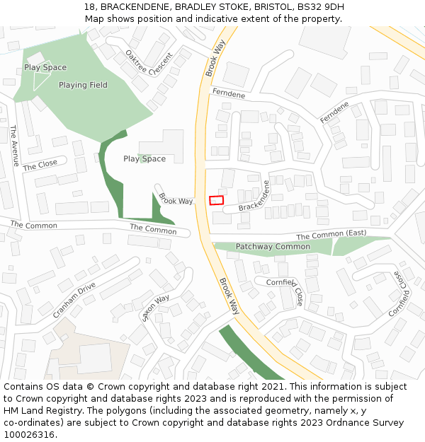 18, BRACKENDENE, BRADLEY STOKE, BRISTOL, BS32 9DH: Location map and indicative extent of plot
