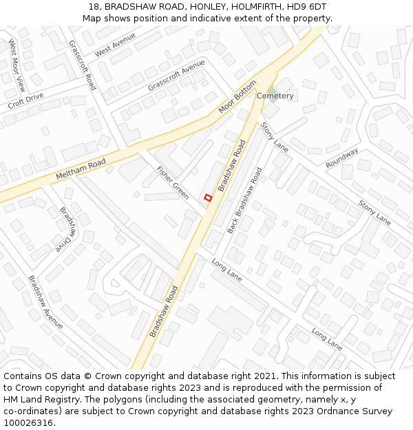 18, BRADSHAW ROAD, HONLEY, HOLMFIRTH, HD9 6DT: Location map and indicative extent of plot