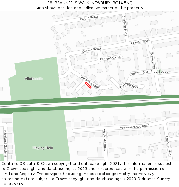 18, BRAUNFELS WALK, NEWBURY, RG14 5NQ: Location map and indicative extent of plot