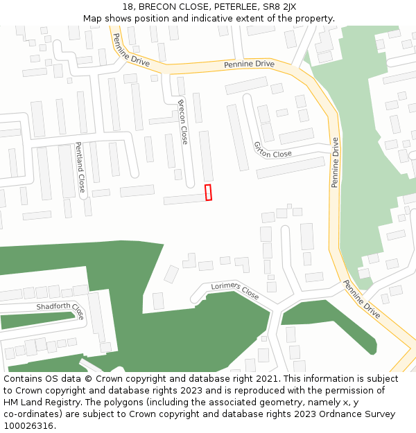 18, BRECON CLOSE, PETERLEE, SR8 2JX: Location map and indicative extent of plot