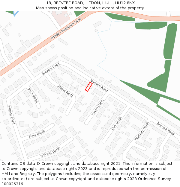 18, BREVERE ROAD, HEDON, HULL, HU12 8NX: Location map and indicative extent of plot