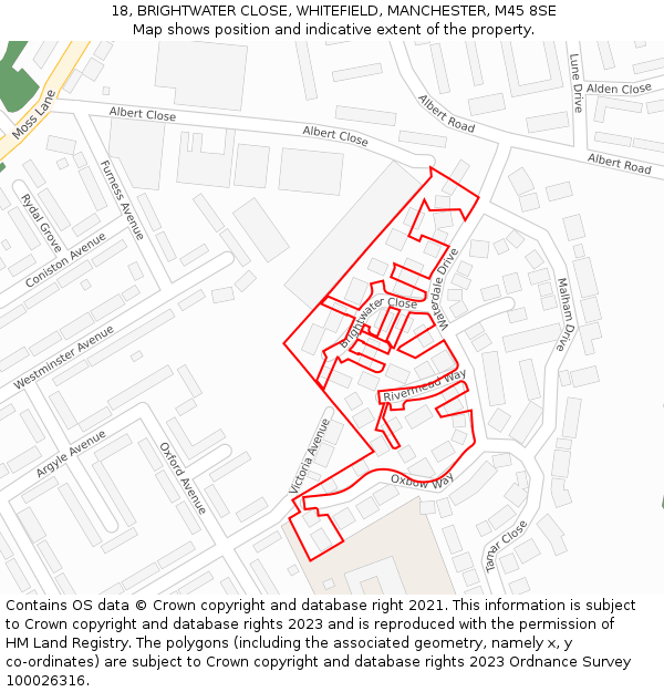 18, BRIGHTWATER CLOSE, WHITEFIELD, MANCHESTER, M45 8SE: Location map and indicative extent of plot