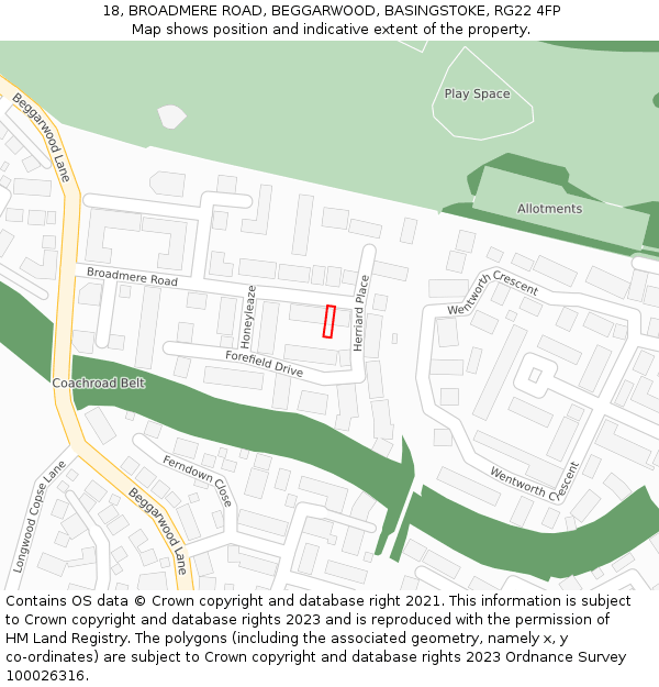 18, BROADMERE ROAD, BEGGARWOOD, BASINGSTOKE, RG22 4FP: Location map and indicative extent of plot