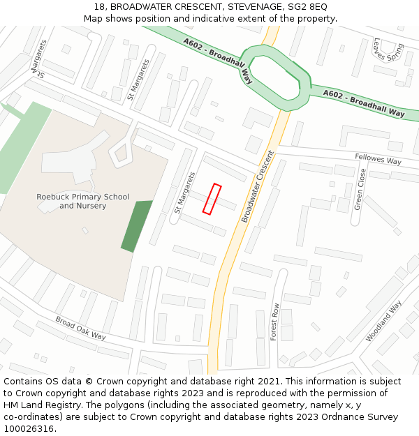 18, BROADWATER CRESCENT, STEVENAGE, SG2 8EQ: Location map and indicative extent of plot
