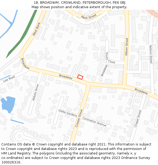 18, BROADWAY, CROWLAND, PETERBOROUGH, PE6 0BJ: Location map and indicative extent of plot
