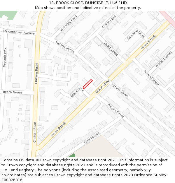 18, BROOK CLOSE, DUNSTABLE, LU6 1HD: Location map and indicative extent of plot