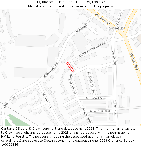 18, BROOMFIELD CRESCENT, LEEDS, LS6 3DD: Location map and indicative extent of plot