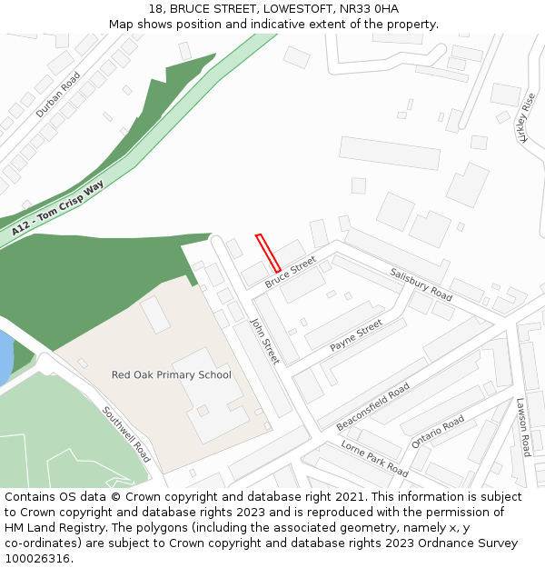 18, BRUCE STREET, LOWESTOFT, NR33 0HA: Location map and indicative extent of plot